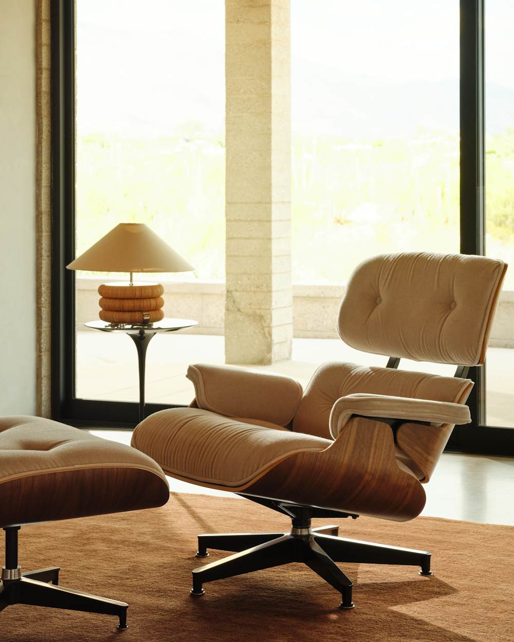 Eames Lounge and Ottoman in capiz mohair and La Bobine